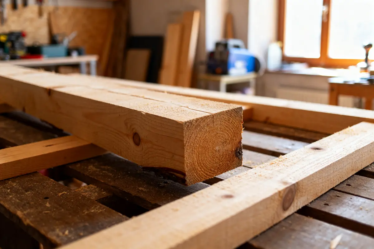 Planche de bois sur établi de menuiserie dans l'atelier de Bastein bois.