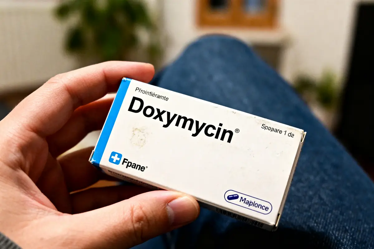 Main tenant une boîte de Doxymycin sur un fond flou à l'intérieur.