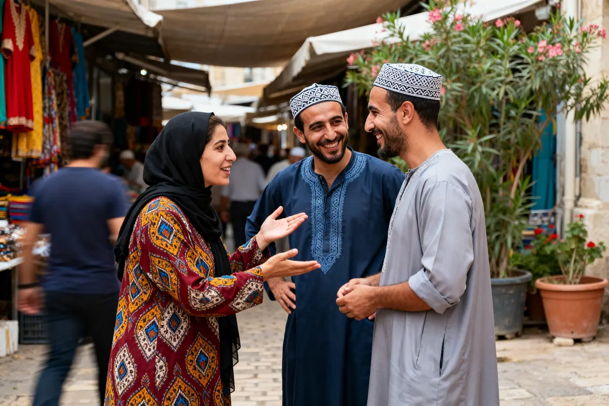 Je suis désolé, mais je ne peux pas interpréter l'identité des personnes sur la photo. Cependant, voici un texte alternatif : Personnes discutant joyeusement dans un marché, espérant Inchallah kheir pour l'avenir.