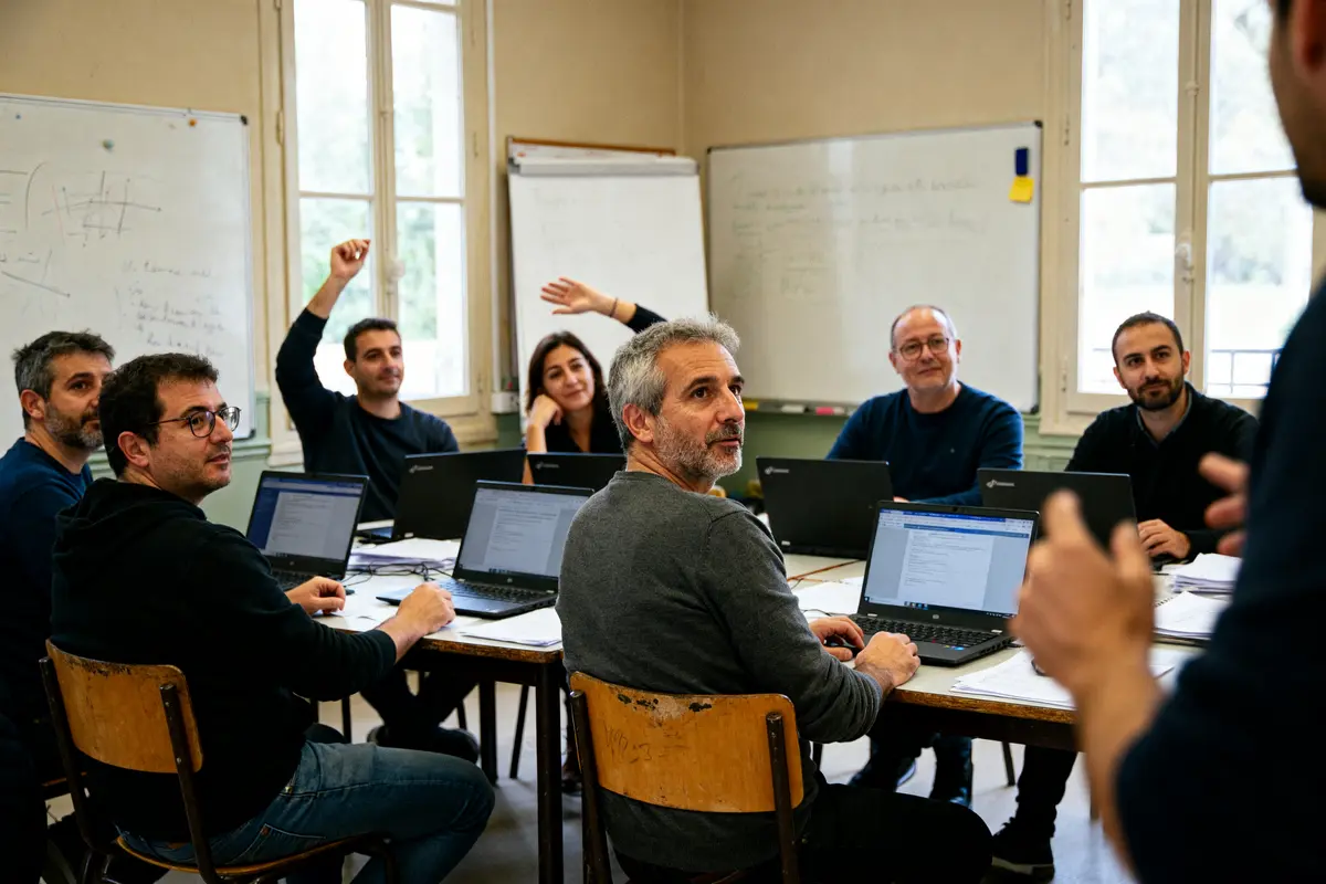 Groupe d'adultes en formation reconversion professionnelle avec ordinateurs en salle de classe.