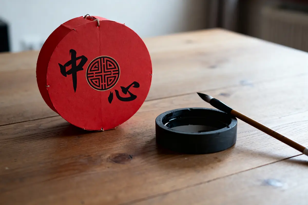 Coffret rouge Zhongxin avec pinceau et encrier sur table en bois