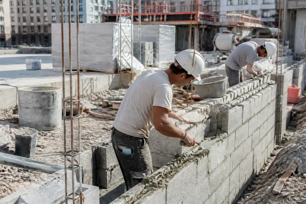 Travailleurs construisant un mur de briques sur un chantier à Lyon pour Construis Ton Business