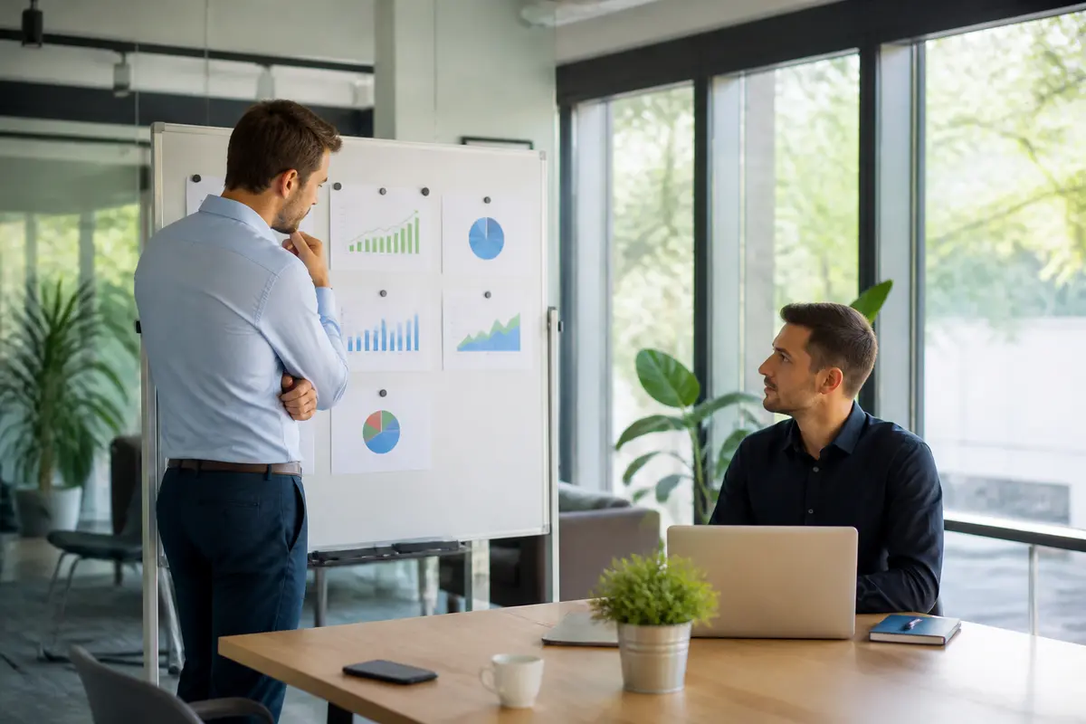 Homme présentant des graphiques à un collègue pour le développement commercial sur scalora-business.fr