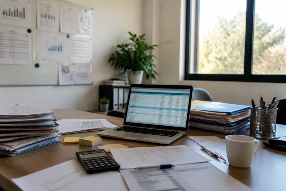 Bureau avec ordinateur portable, papiers et calculatrice pour comptabilité sur laminutebusiness.fr