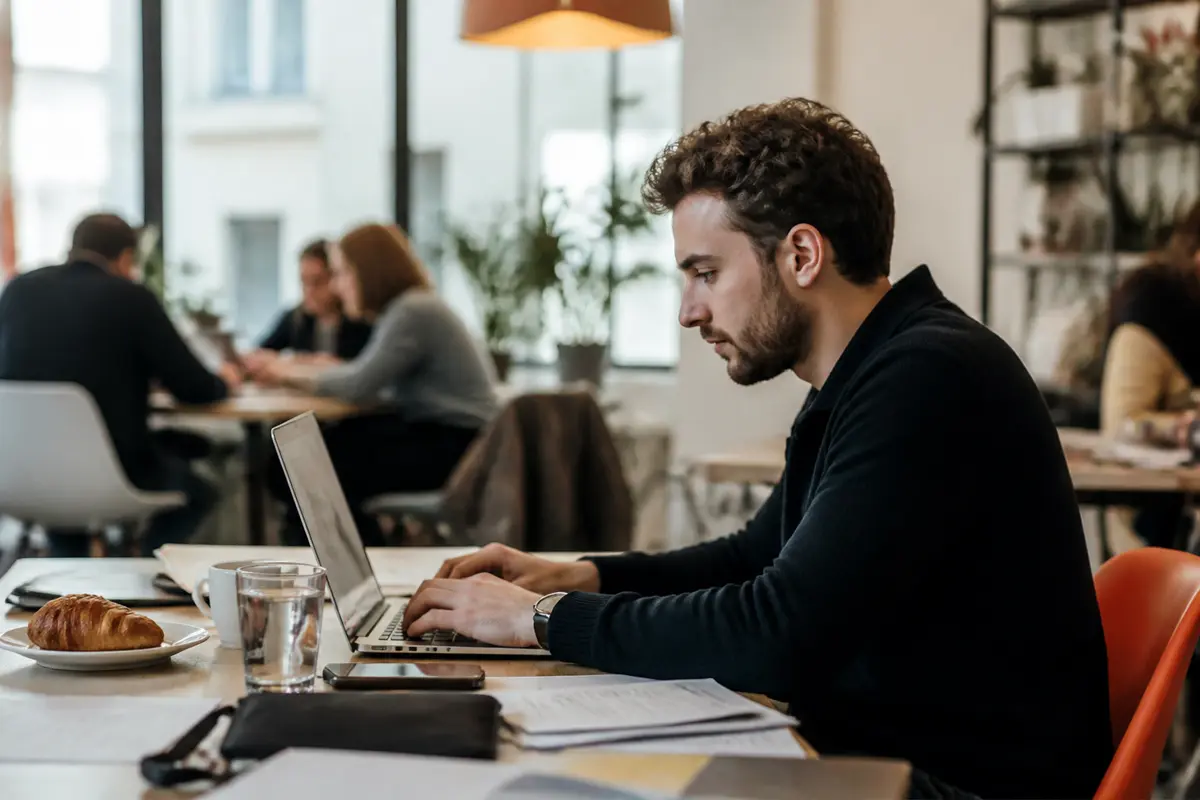 Un entrepreneur travaille sur son ordinateur dans un café animé pour lamMinuteBusiness.fr